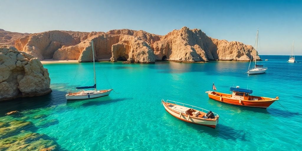 Boats in clear blue water, rocky coastline.