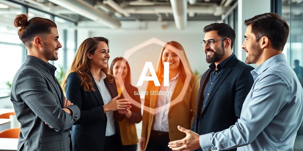 Diverse team collaborating with AI technology in a modern office.