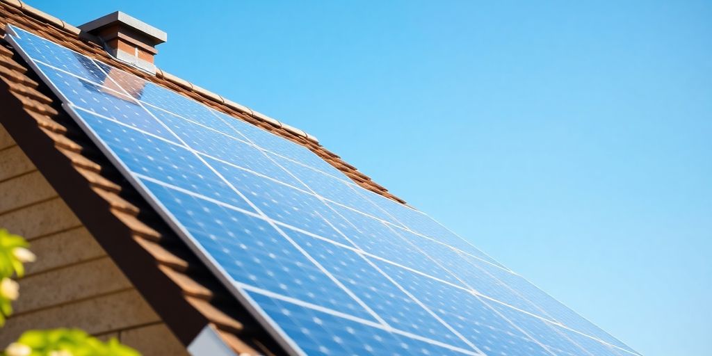 Rooftop solar panels under a clear blue sky.
