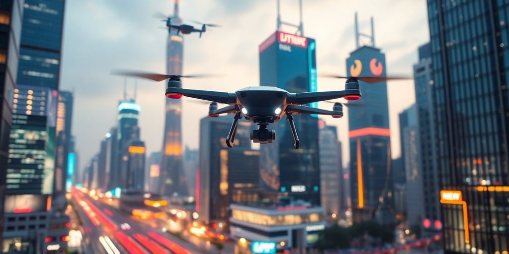 Futuristic city with drones and smart buildings at night.