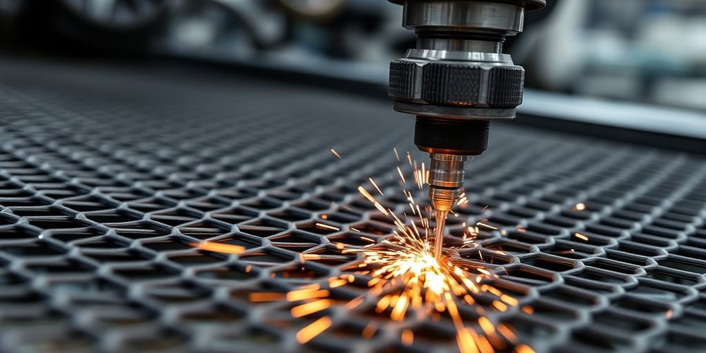 Close-up of mesh welding equipment in automotive industry.