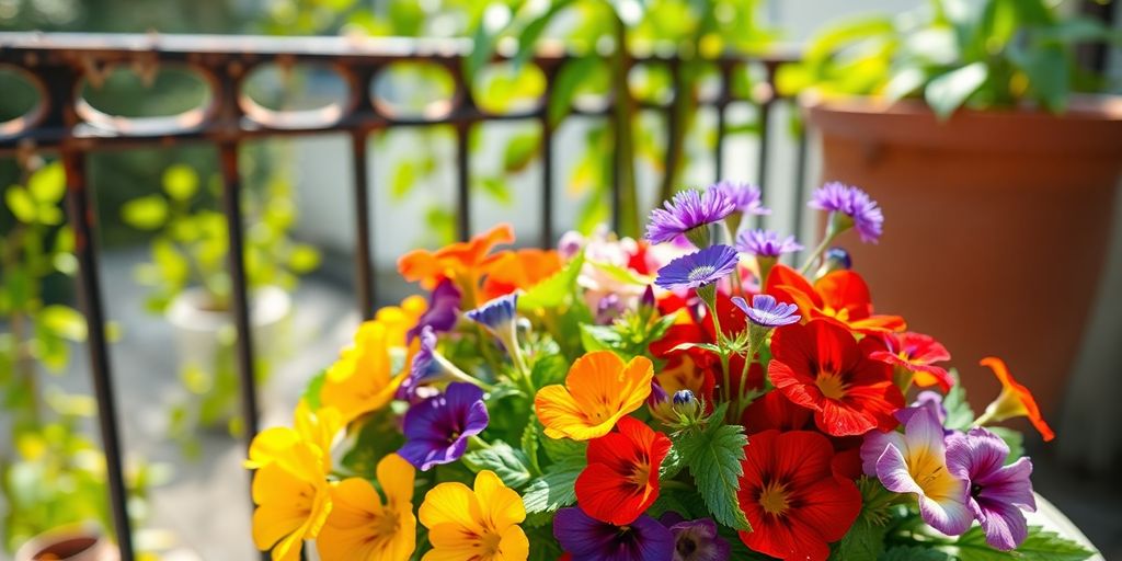 Bunte essbare Blüten auf einem Balkon