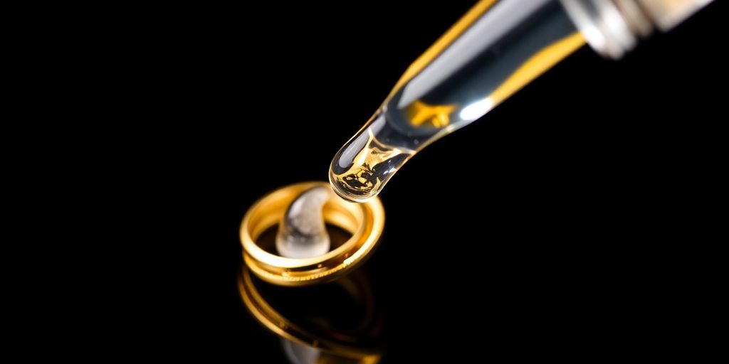 Pipette versant un liquide sur un morceau d'or.