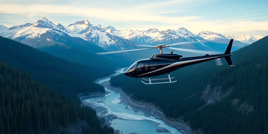 A helicopter flying over a vast, snow-covered Alaskan mountain range.