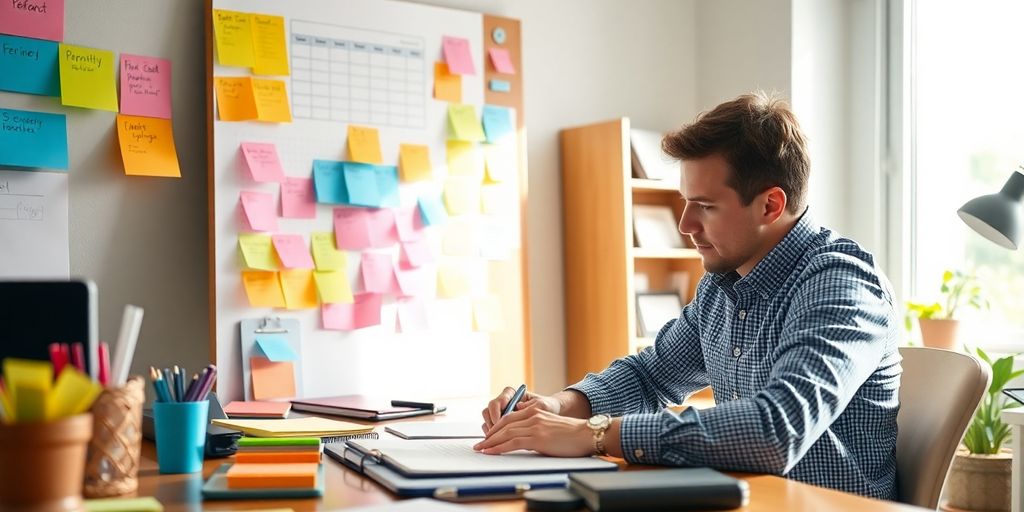 Organized workspace with colorful sticky notes and planner.