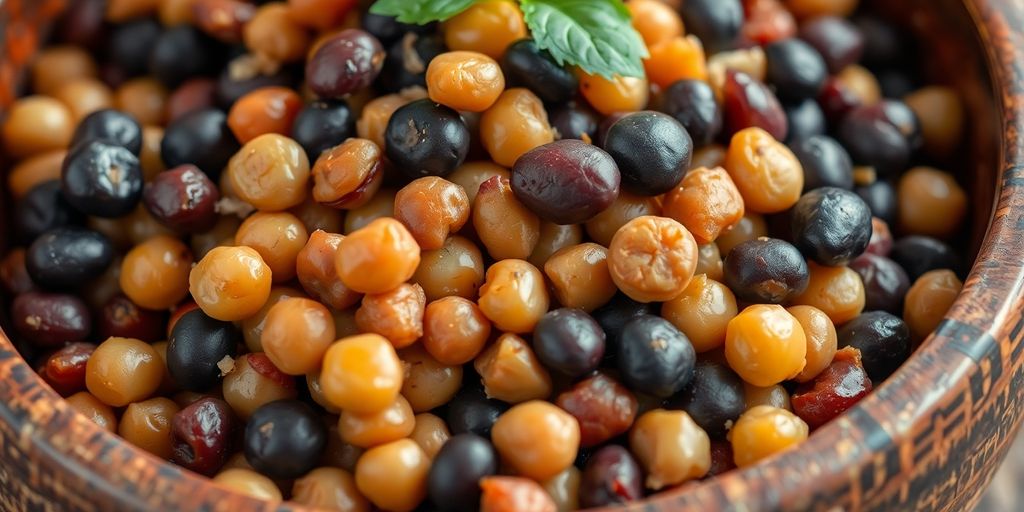 Bowl of mixed legumes with vibrant colors.