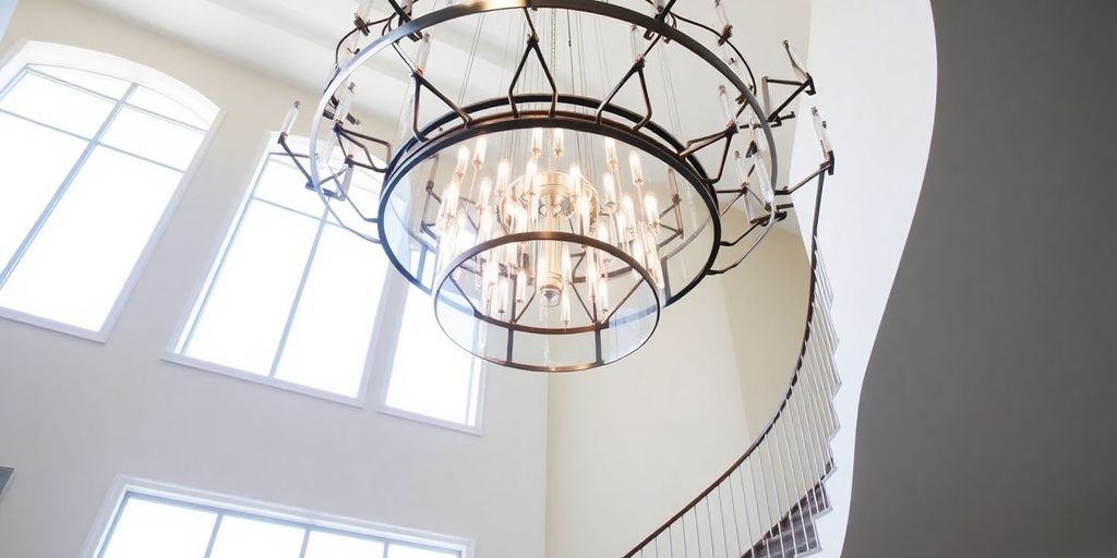 Modern staircase chandelier with cascading crystals.