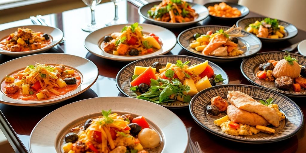 Gourmet dishes from hotels with colorful plates and ingredients.