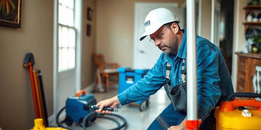 Water damage cleanup technician restoring a home.