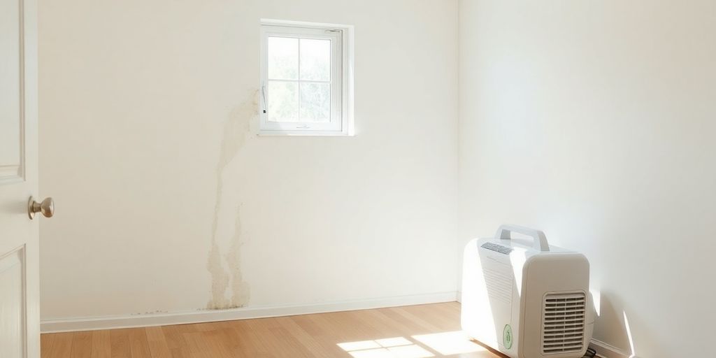 Room with water stains, dehumidifier, and sunlight filtering in.