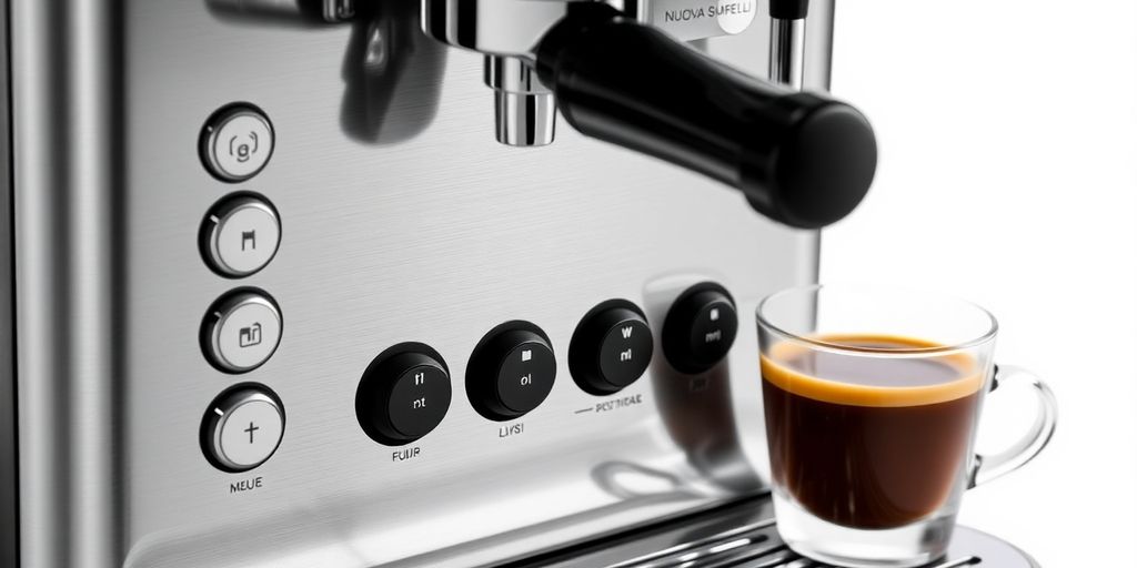 Nuova Simonelli Musica Machine with coffee cup and controls.