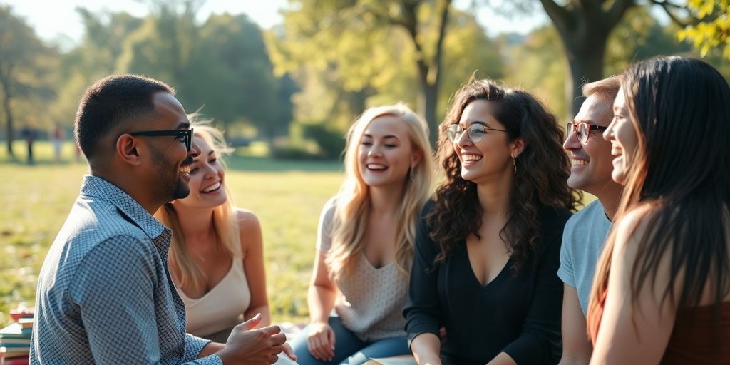 Joyful adult connecting with others, vibrant outdoor setting.