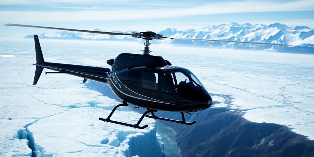 A helicopter flies over a massive Alaskan glacier and mountains.