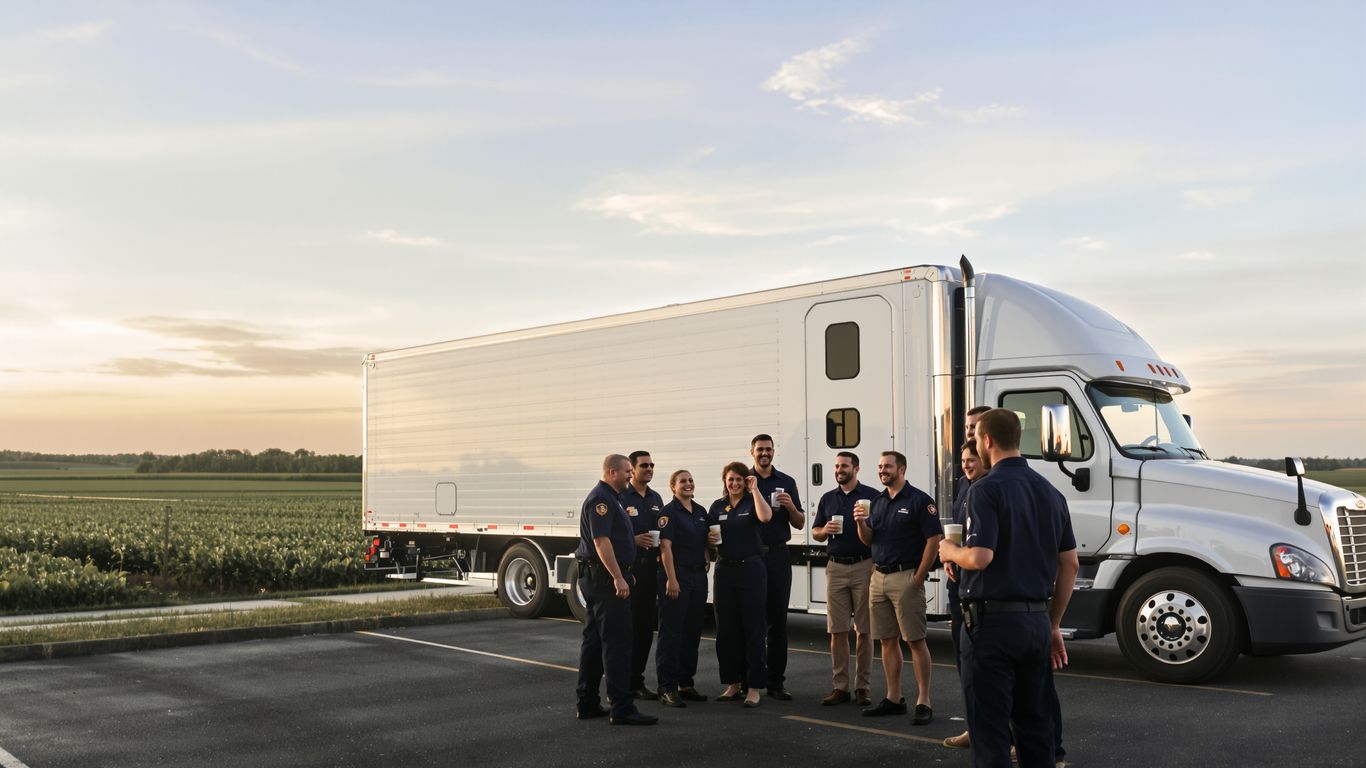 Truck drivers happily standing by a fuel-efficient trailer