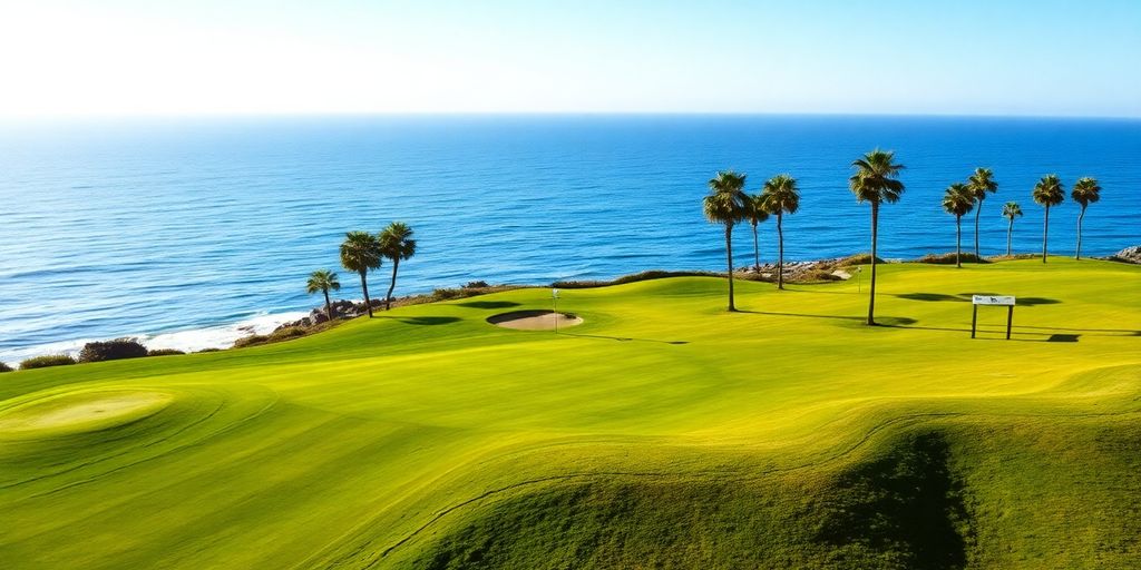 Lush green fairway bordering blue ocean at Pacifico Golf Course.