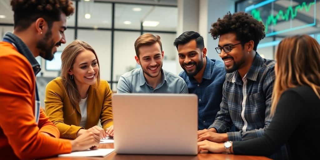 Group of new investors collaborating in a modern office.