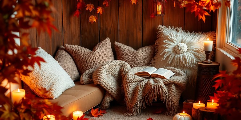 Cozy reading nook with autumn decor and warm lighting.
