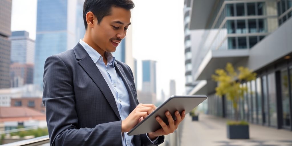 Professional real estate broker reviewing listings in urban setting.