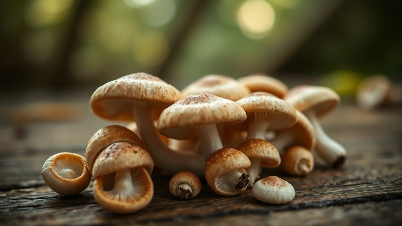 Fresh magic mushrooms on a wooden surface with natural light.