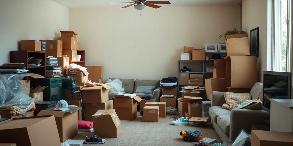 Een rommelige kamer met dozen en meubels.