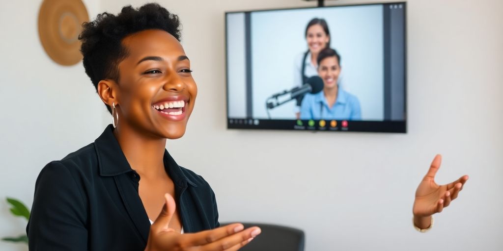 Singer smiles while receiving online vocal coaching.