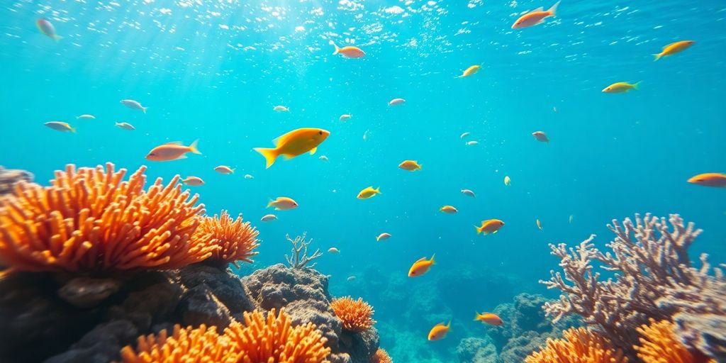 Underwater scene of a crypto liquidity pool with fish.