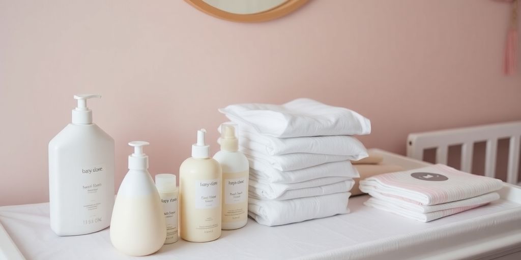 Wickeltisch mit Pflegeprodukten für Neugeborene.