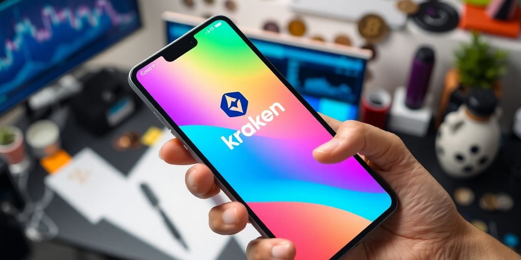 Hand holding smartphone with Kraken app visible.