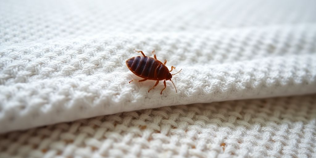 Close-up of a bed bug on a mattress.