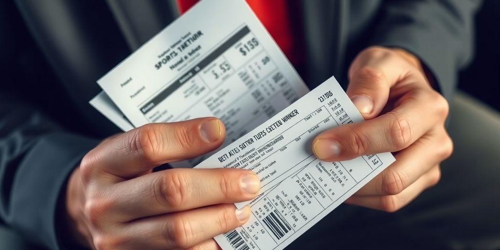 Sports bettor examining betting slips and a winning ticket.