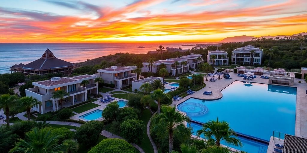 Luxury resort with ocean view and lush surroundings.