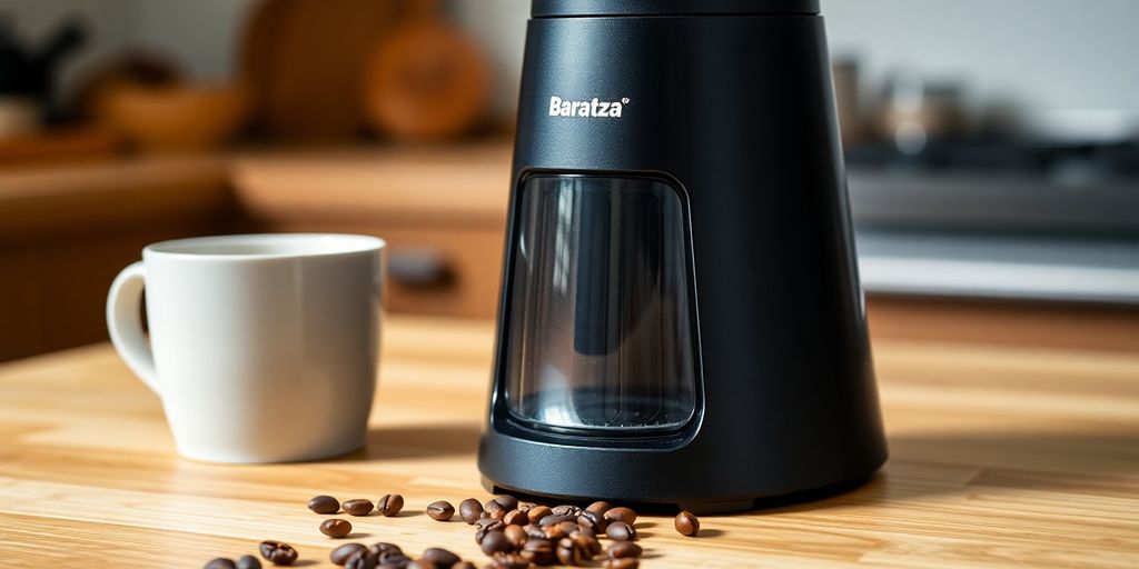 Baratza Encore grinder next to coffee beans and mug.
