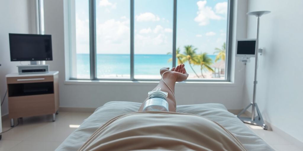 Hangover IV Drip Phuket 3 Person relaxing with IV drip, beach view.
