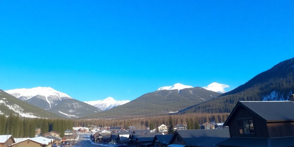 Cozy Alaskan small town with snow-capped mountains