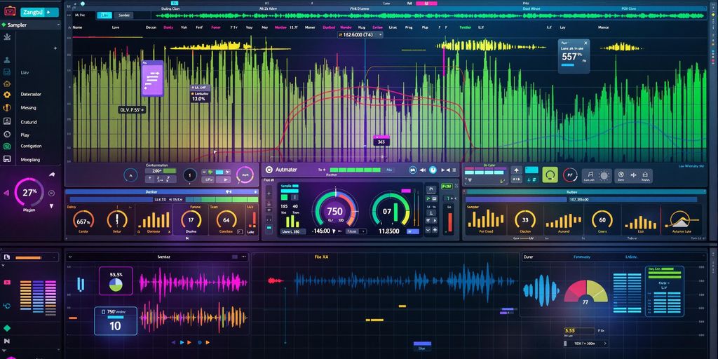 Colorful audio waveforms and sampler icons in FL Studio.