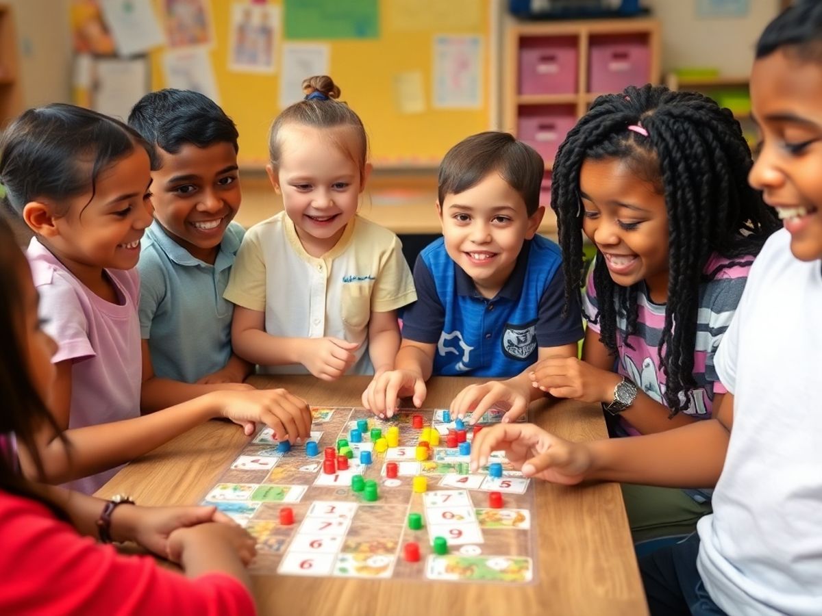 Students playing fun English games in a colorful classroom.