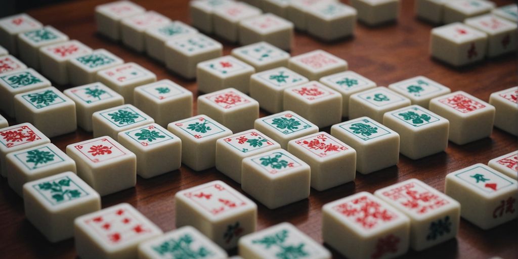 Mahjong set with tiles arranged in a grid pattern.