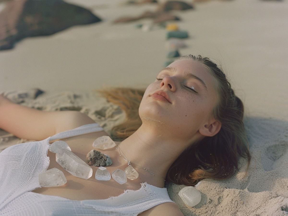 Person lying on sand, surrounded by various crystals.