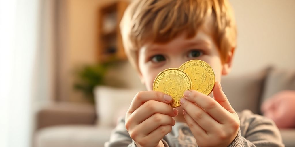 Un enfant tenant une pièce d'or brillante.