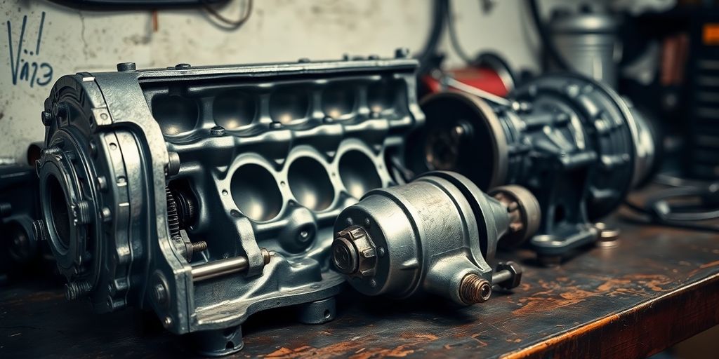 Ford Falcon car parts on a workshop bench.