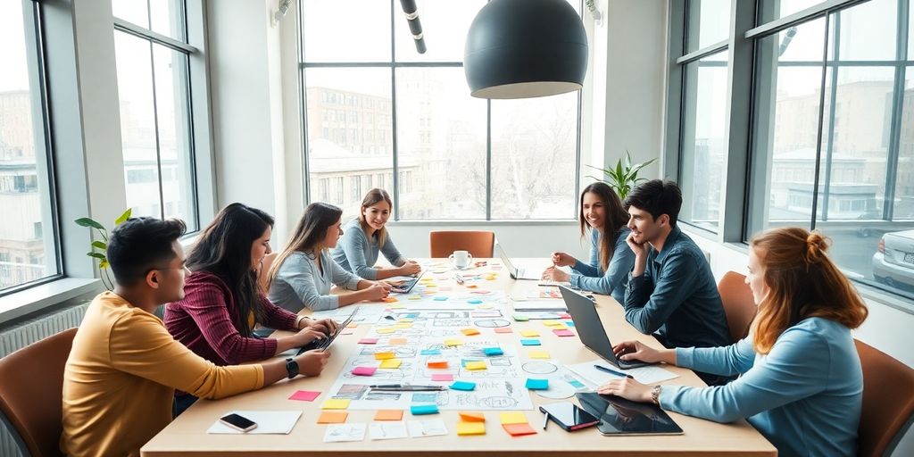 Diverse team collaborating in a colorful workspace for branding.