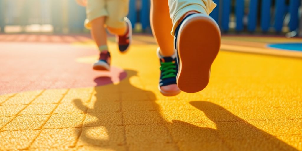 Bambini che giocano su una pavimentazione in gomma colorata.