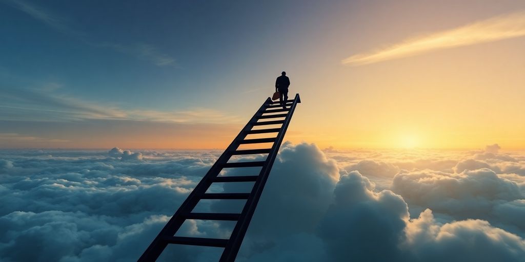 Person climbing ladder, avoiding obstacles, reaching sky.