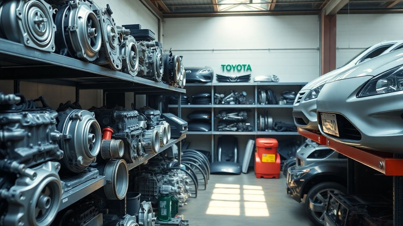 Toyota used parts neatly arranged in a workshop.