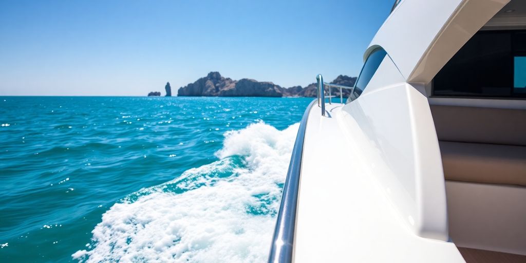 Luxury yacht cruising turquoise Cabo waters under sun.
