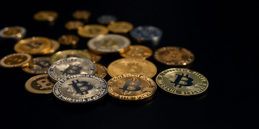 Digital coins arranged with varying sizes.