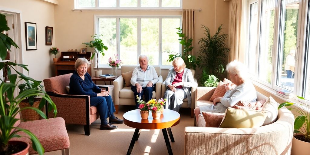 Área comum aconchegante com residentes interagindo.