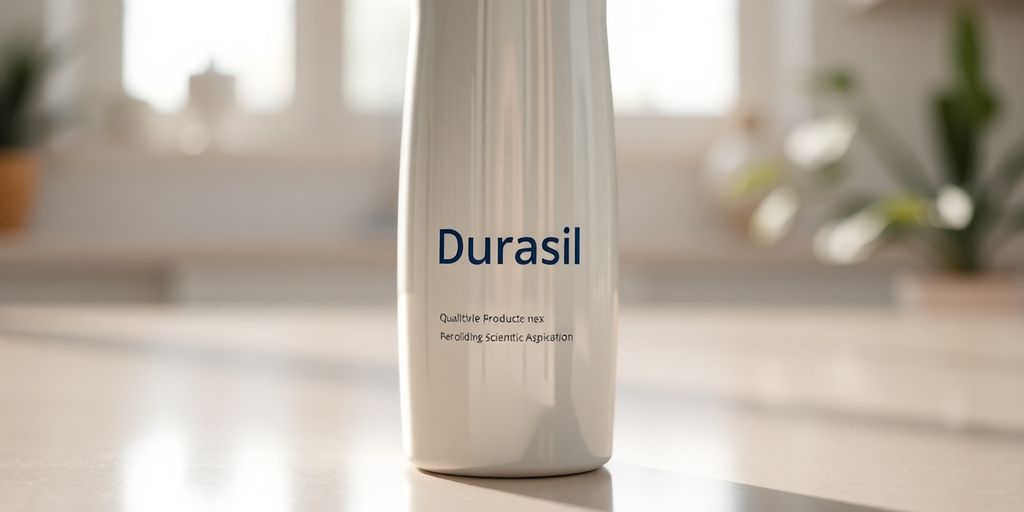 Frasco moderno Durasil em superfície clara, com fundo científico.