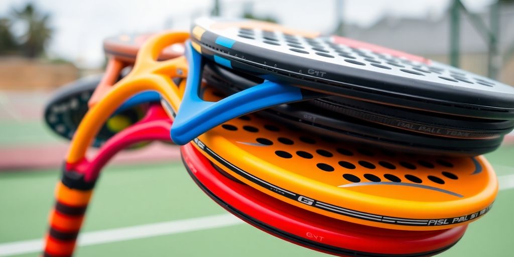 Diversi modelli di racchette da padel colorate.