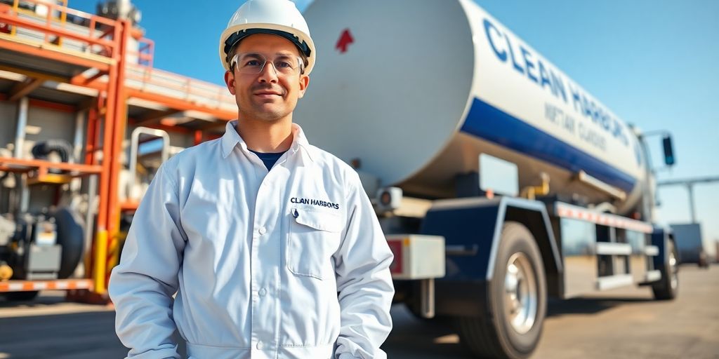 A Clean Harbors worker in protective gear beside a truck.